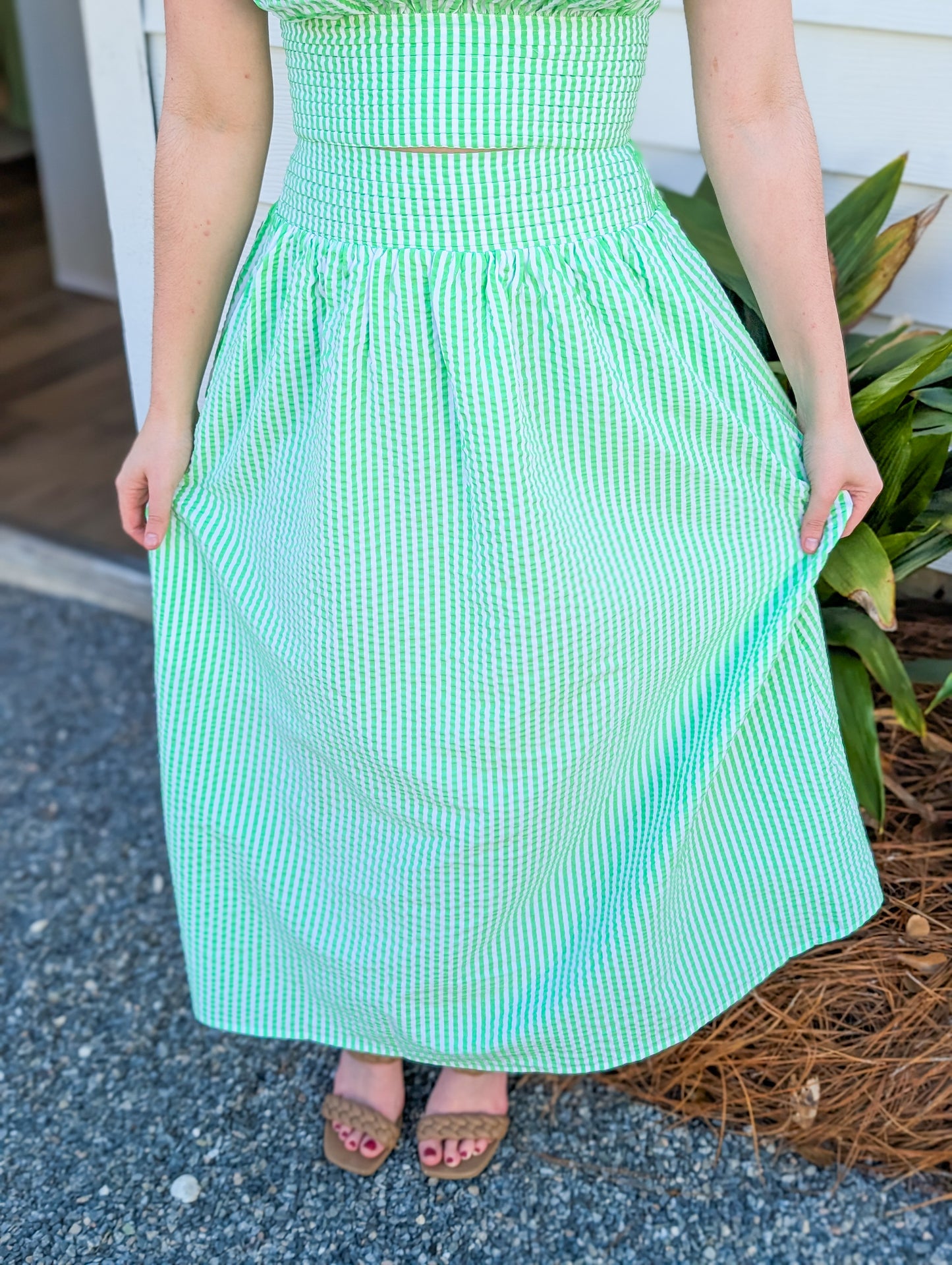 Flowy Mint Green Pin Striped Midi Skirt
