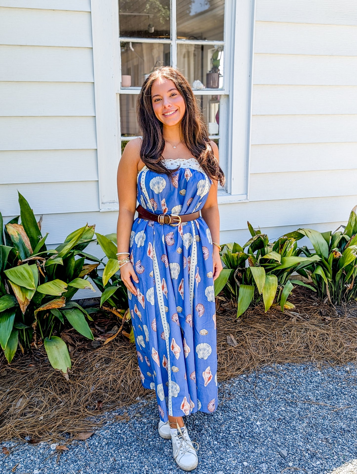 Blue Sea Shell Maxi Dress with Lace Detailing