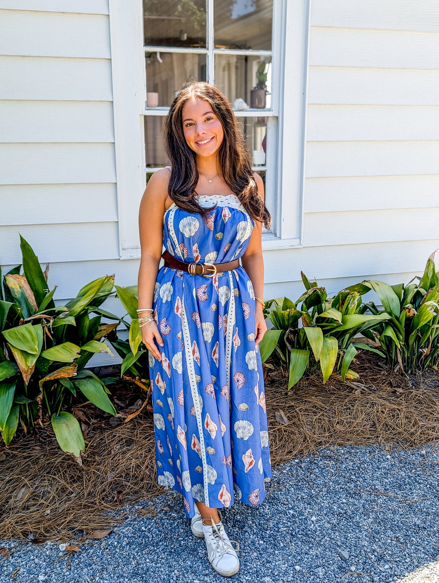 Blue Sea Shell Maxi Dress with Lace Detailing
