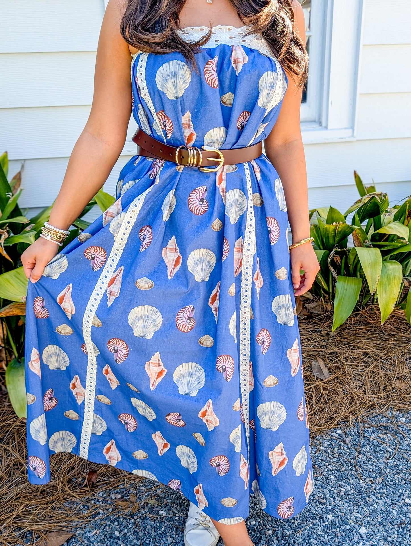 Blue Sea Shell Maxi Dress with Lace Detailing
