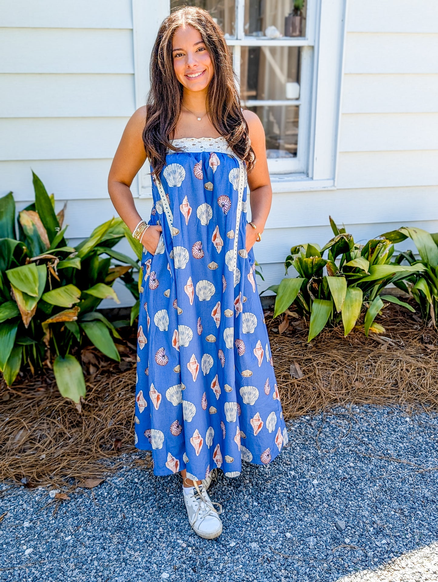 Blue Sea Shell Maxi Dress with Lace Detailing
