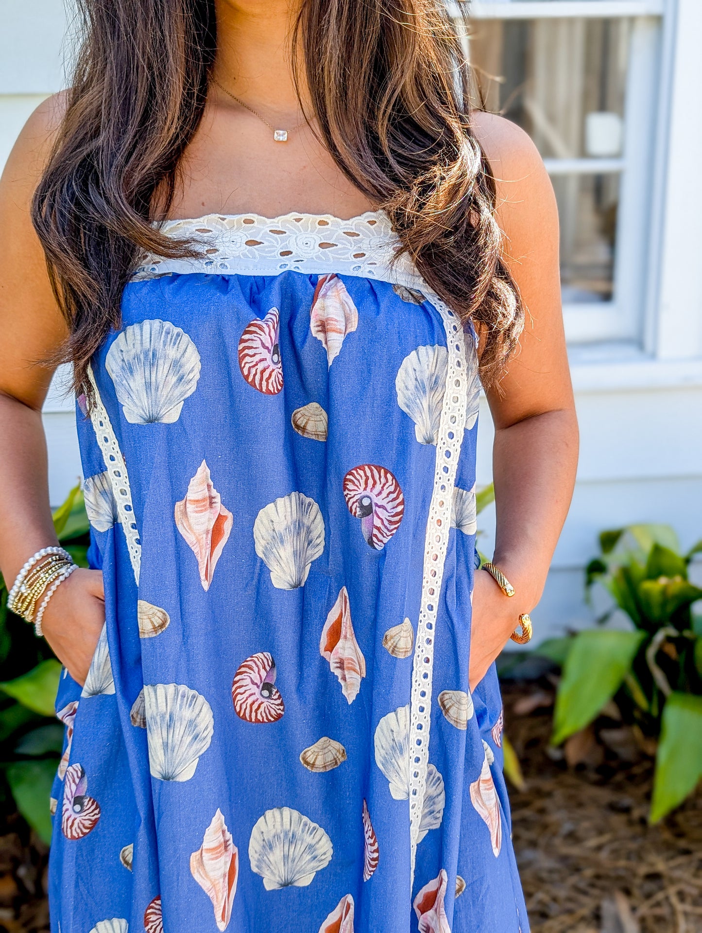 Blue Sea Shell Maxi Dress with Lace Detailing