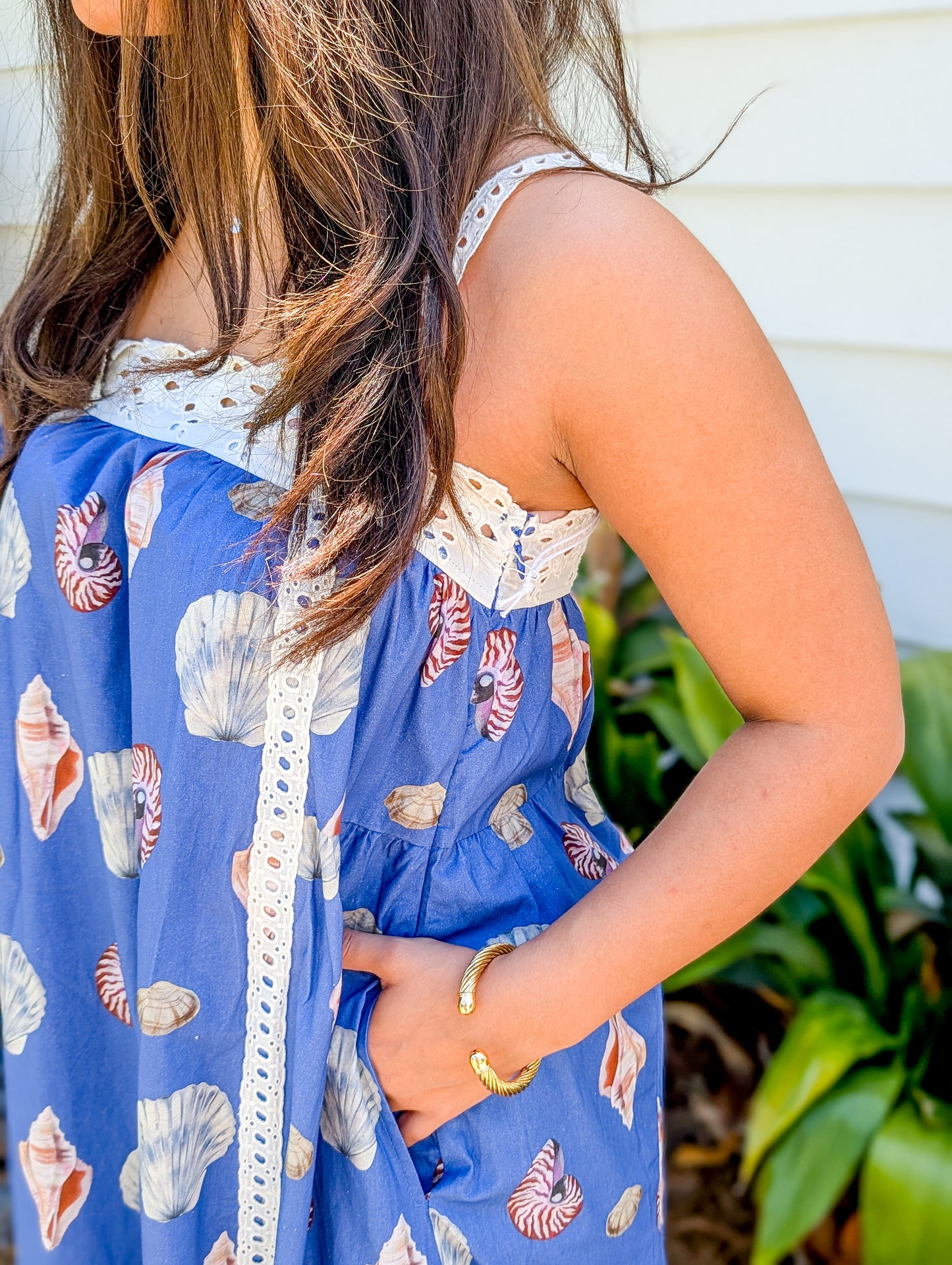 Blue Sea Shell Maxi Dress with Lace Detailing