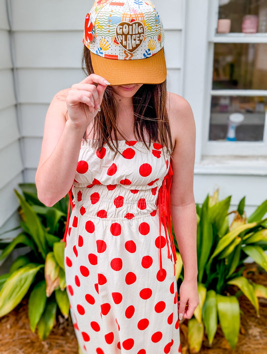 Poppy Red Polka Dot Strapless Dress
