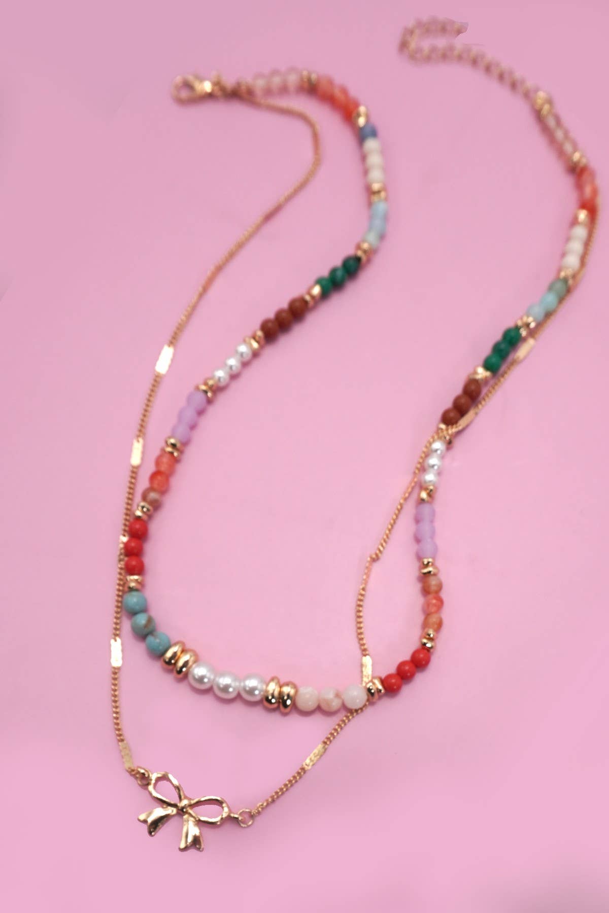Multi Beaded Double Layered Bow Charm Necklace
