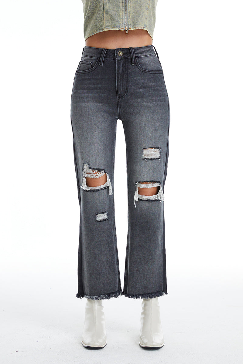 *Final Sale* High Rise Straight Leg Two Toned Denim with Destruction