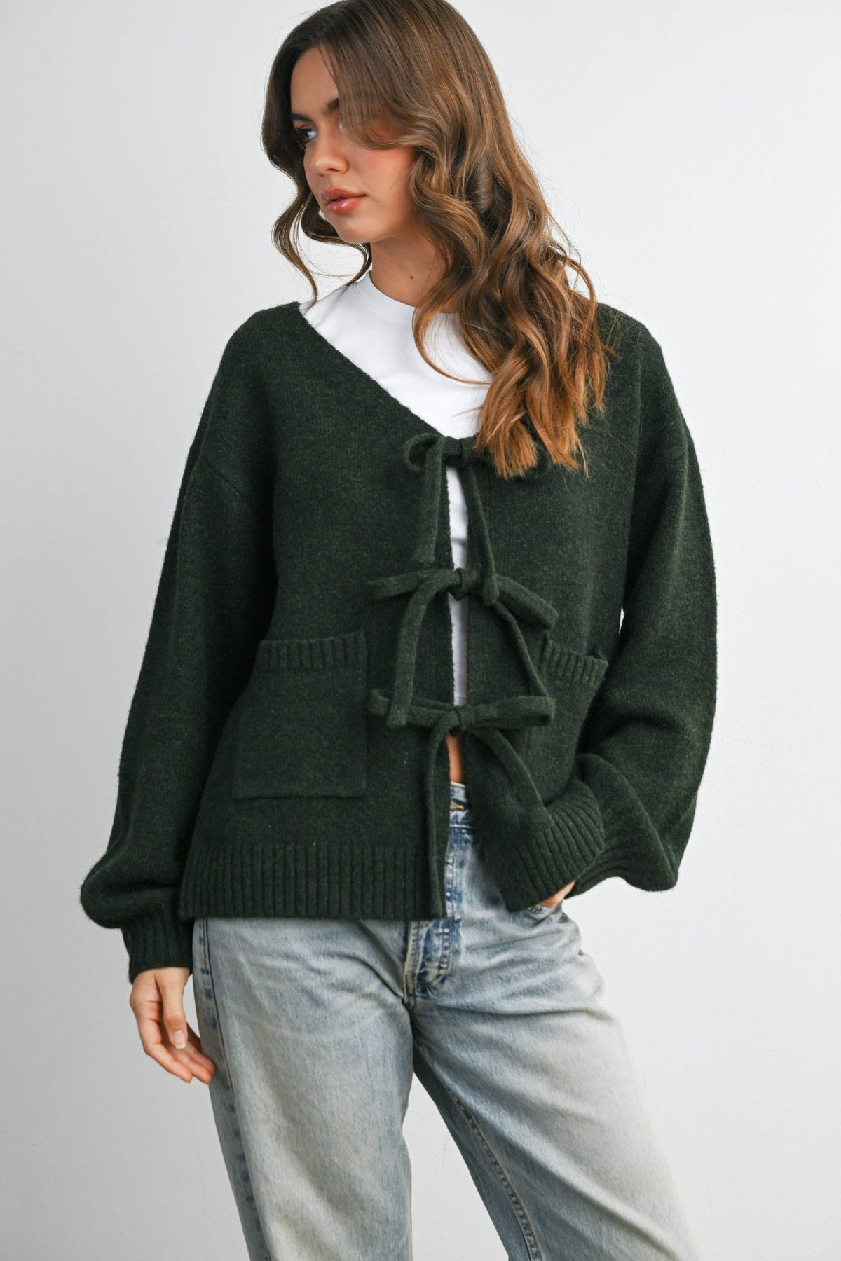 Knot Front Long Sleeve V-Neck Cardigan