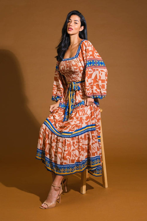 Blue and Orange Print Midi Tie Waist Dress