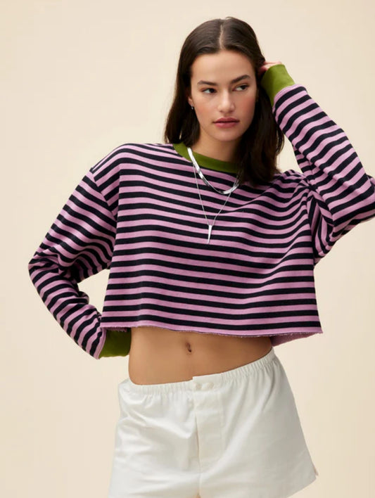 Purple and Black Lotus Flower Stripe Cut Off Sweatshirt