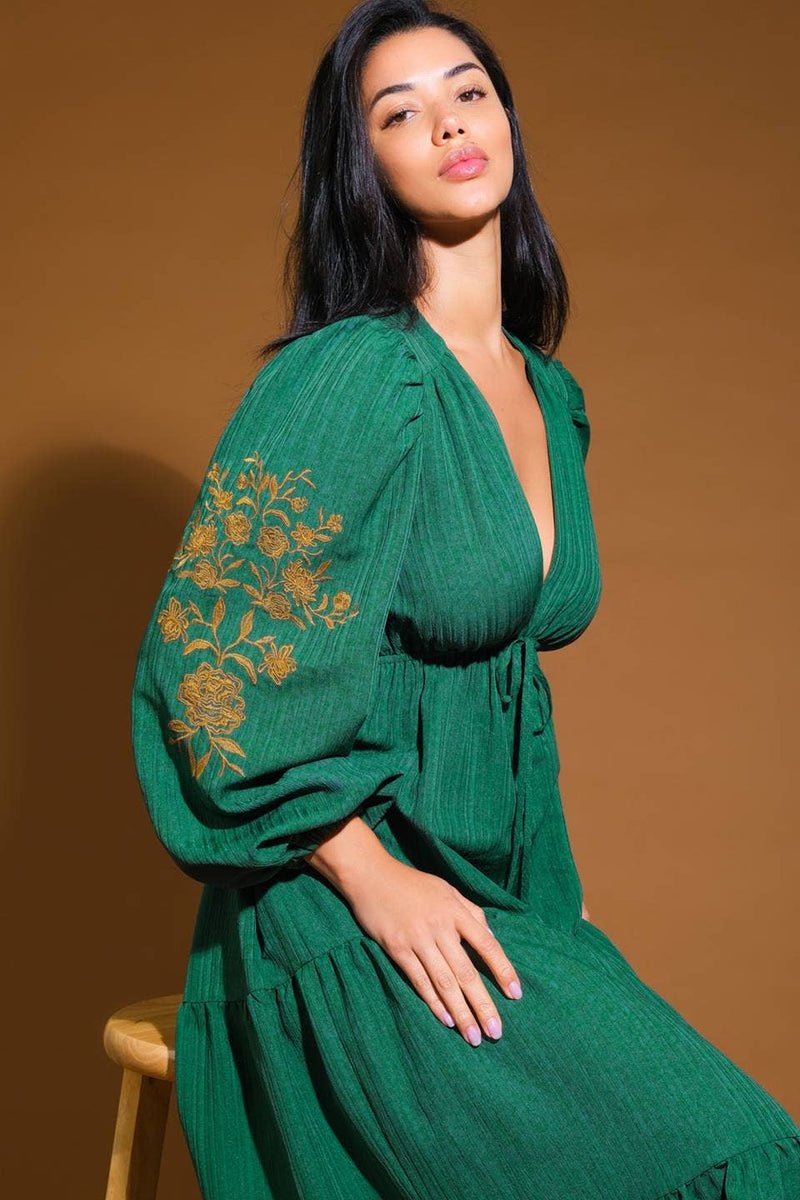 Textured Green Long Sleeve Midi Dress with Embroidery Sleeve Detail