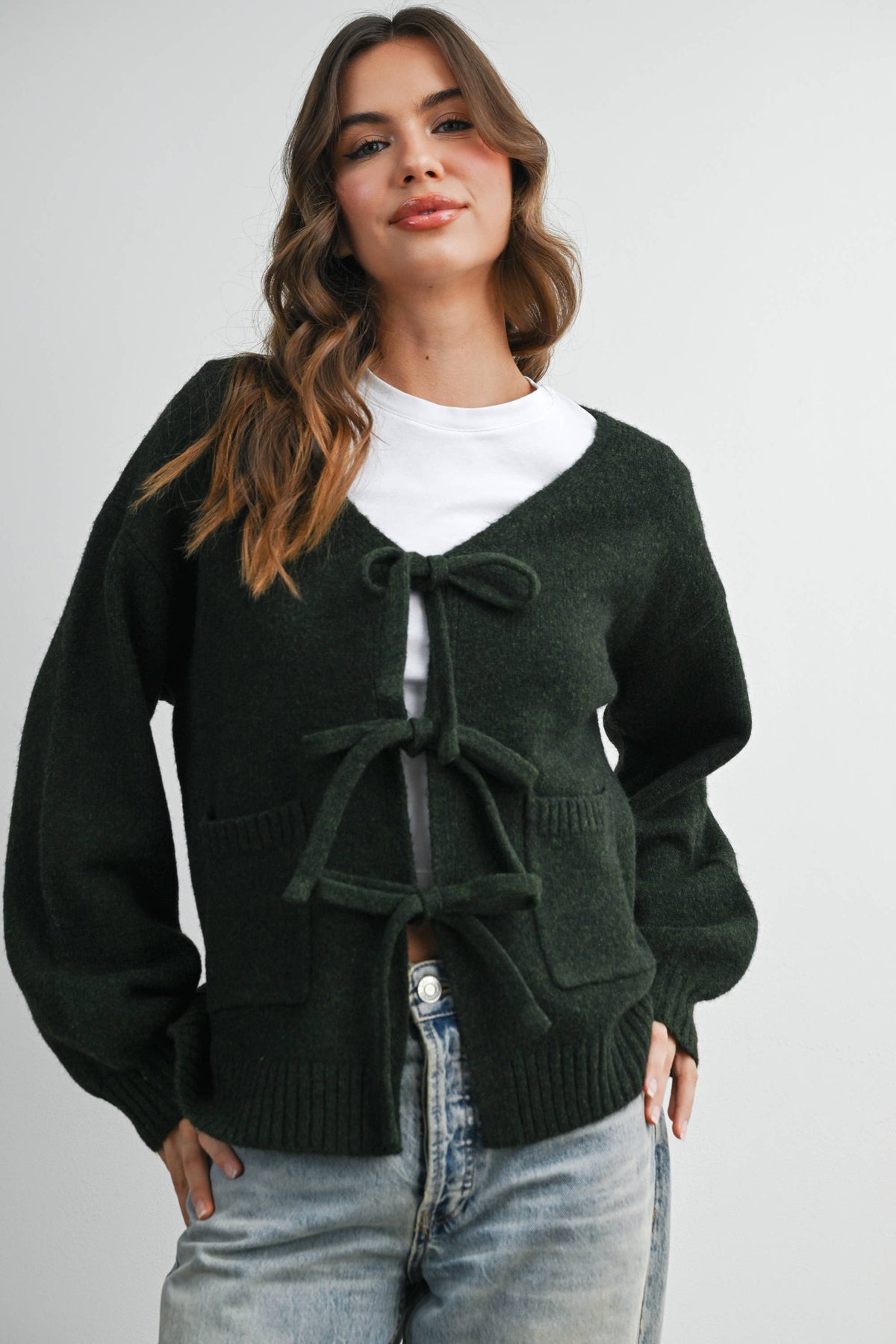 Knot Front Long Sleeve V-Neck Cardigan