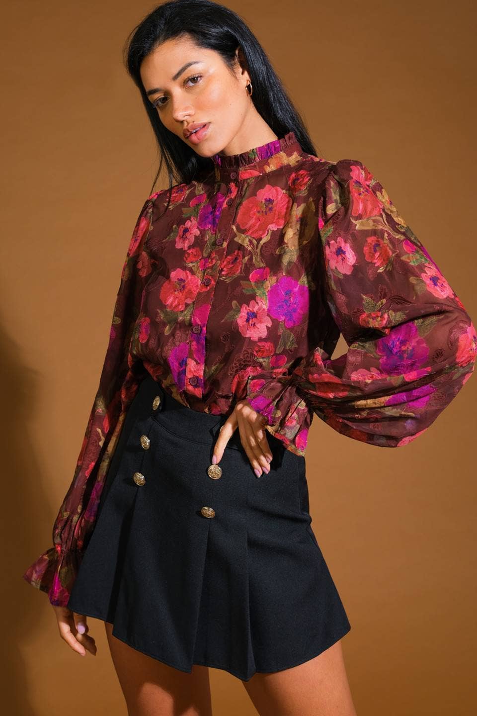 Bright Floral Long Sleeve High Neck Top