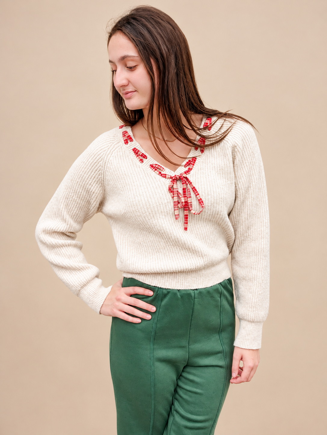 Hostess Plaid Lace Trim Sweater