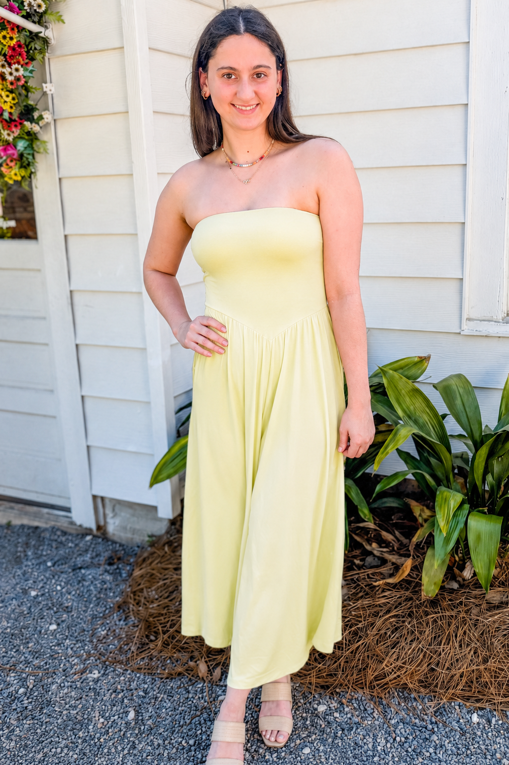 Knit Polyester Spandex Tube Strapless Flare Jumpsuit