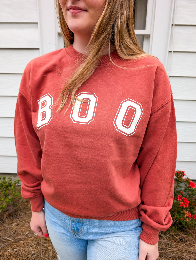 White Boo Stencil Lettering Graphic Sweatshirt