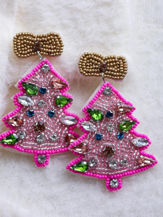 Beaded Gold Bow Rhinestone Christmas Statement Earring with Colorful Stones