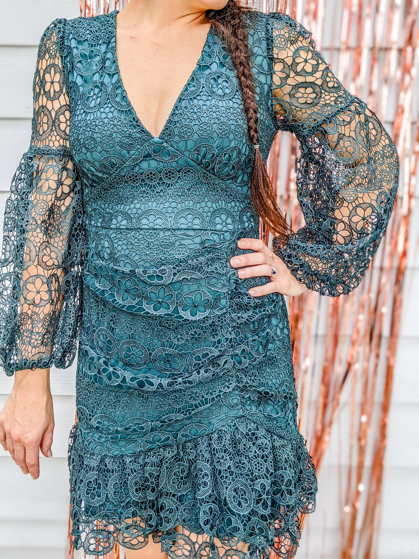 teal eyelet cocktail dress