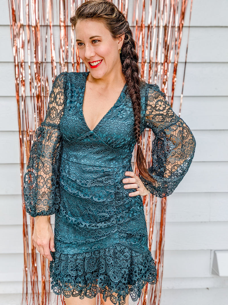 teal eyelet cocktail dress