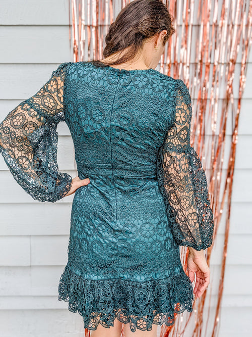 teal eyelet cocktail dress