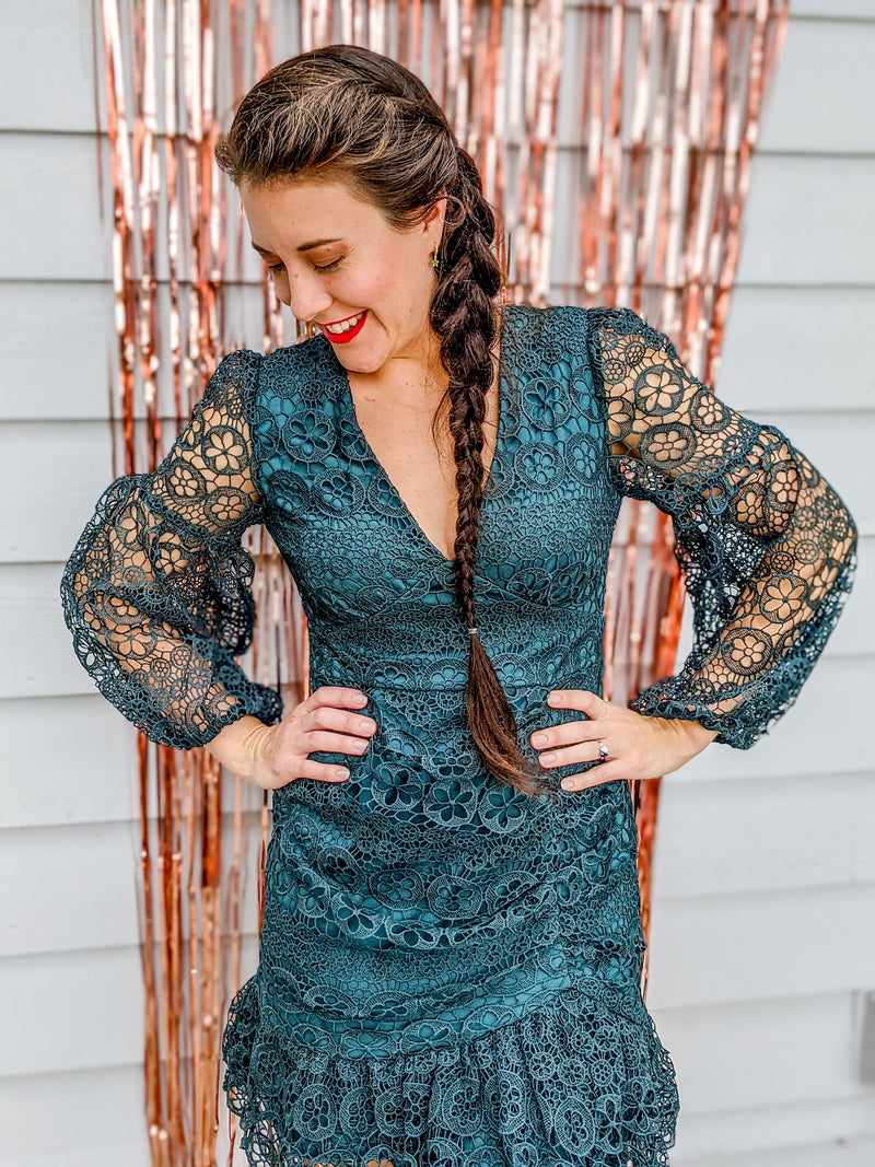 teal eyelet cocktail dress